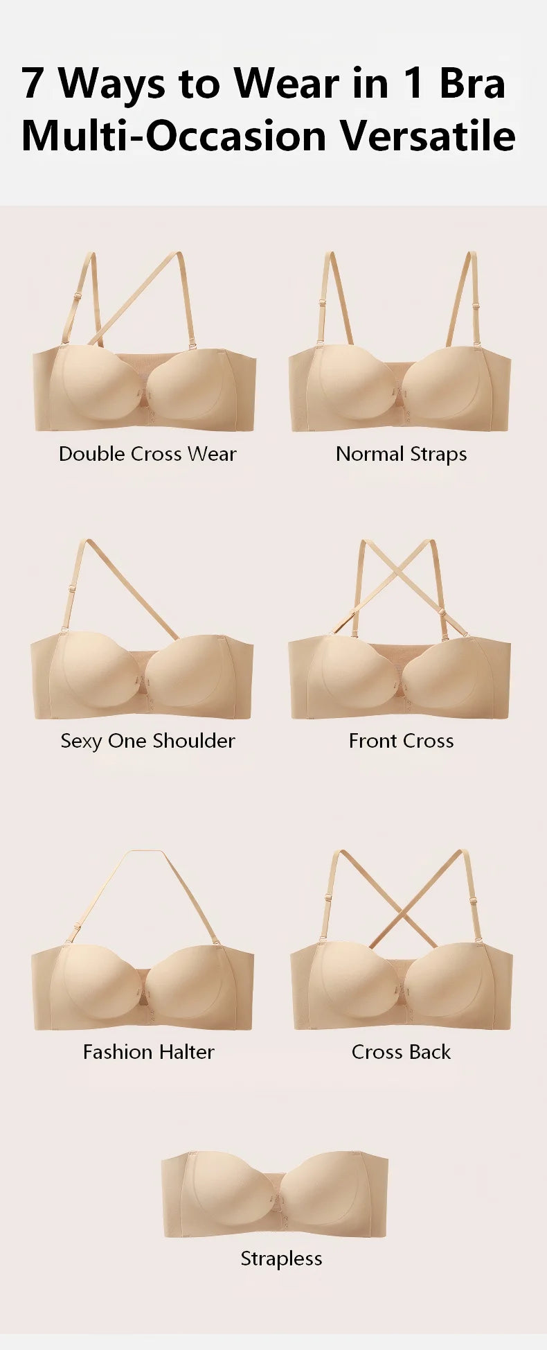 Wireless Strapless Bra Women Double Front Buckle 6Point AntiSlip 3Level 3D Molded Petal Deep V Seamless Multiway Pushup Bra 1PC