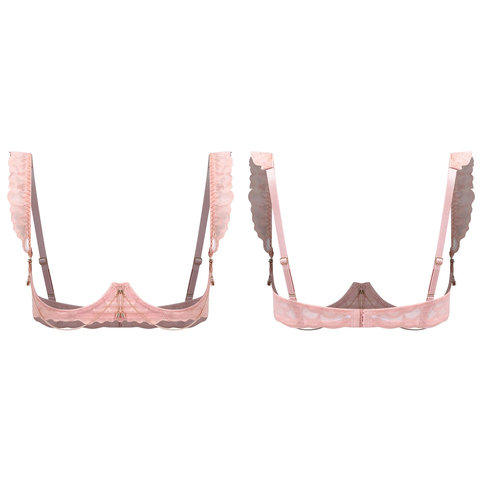 Womens Floral Lace Cupless Shelf Bra See Through Open Cup Underwired Push Up Balconette Bra with Metal Chain Unlined Brassiere