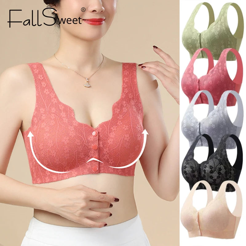 A woman models a coral pink lace underwire bra with white arrows indicating uplift shape, alongside a vertical row of color options including olive green, pink, light blue-gray, black, and nude.