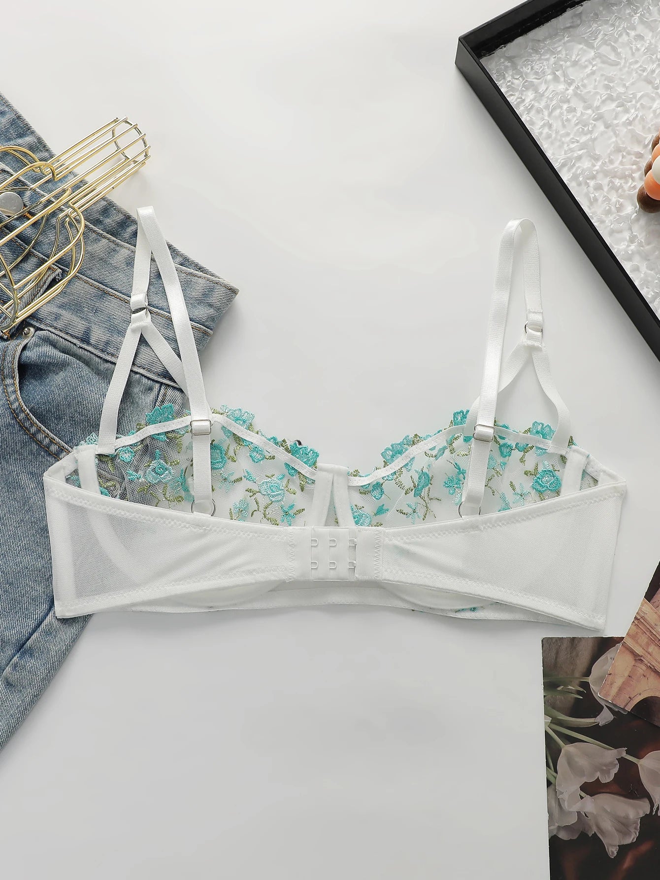 French Floral Embroidery Mesh Balconette Bra Women Underwire Thin Adjustable Straps See Through Breathable Summer Sexy Lingerie