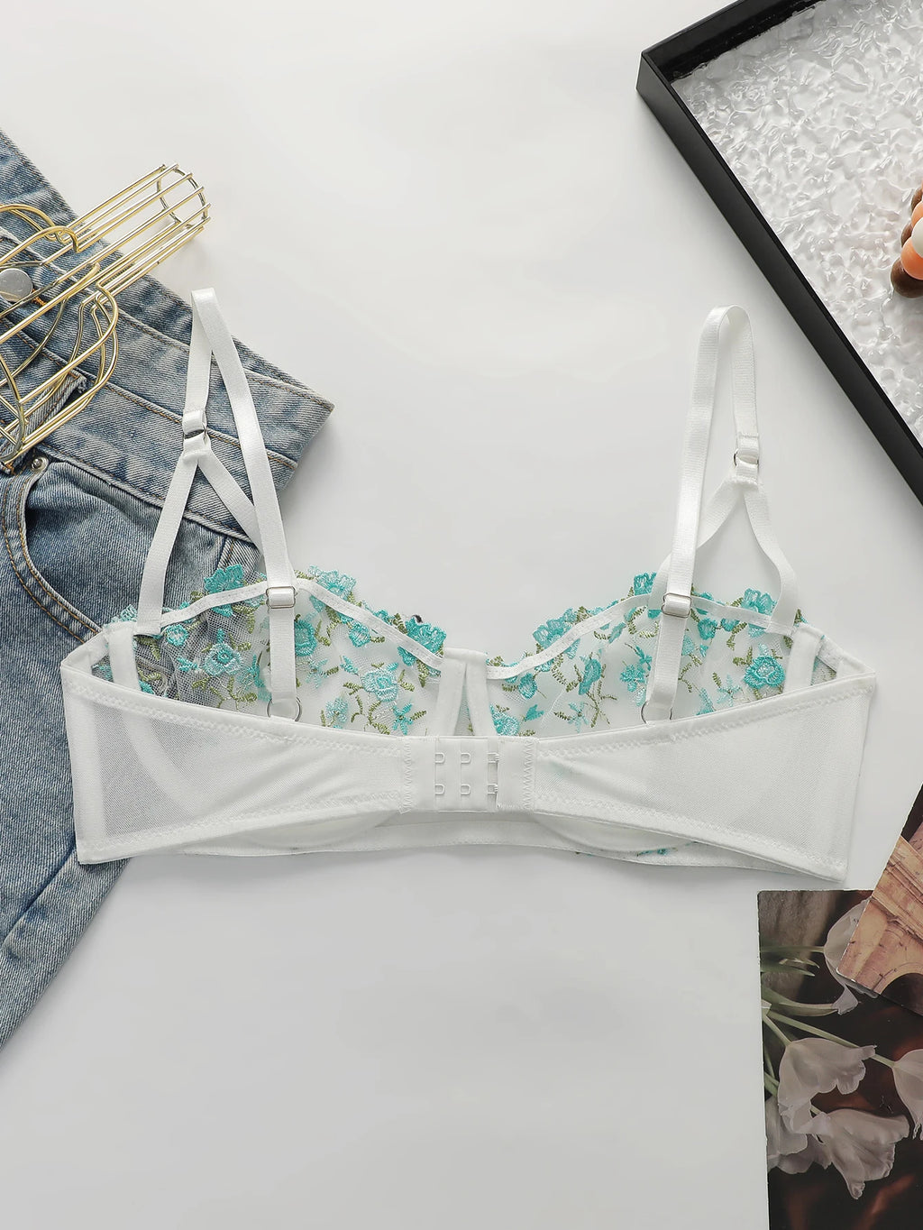 French Floral Embroidery Mesh Balconette Bra Women Underwire Thin Adjustable Straps See Through Breathable Summer Sexy Lingerie
