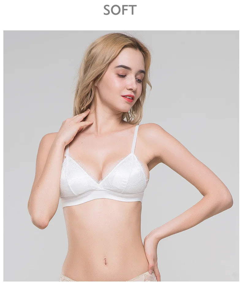 Women's Fashion Tassel Lace Triangle Bralette Wireless 3/4 Cup Mulberry Silk Soft Stretchy Lingerie Underwear