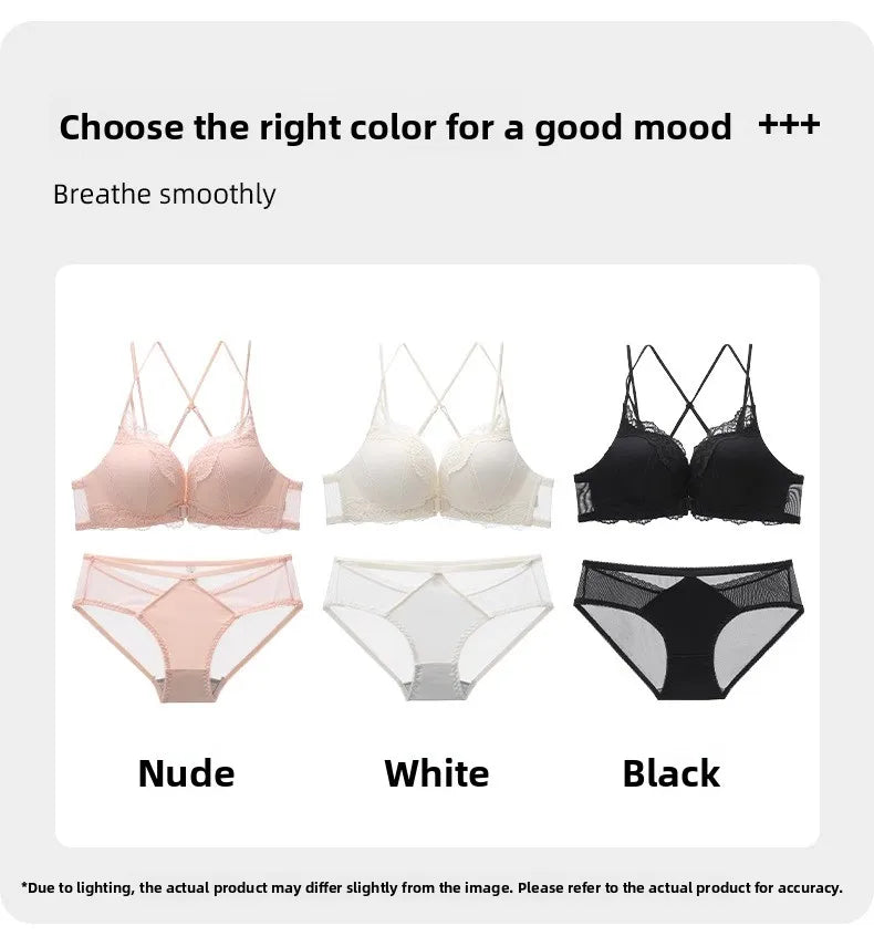 Wireless Lace Bra Set Women's Comfortable Sexy Back Design Gathered Front Clasp Underwear Nylon Material Suitable for Small B...