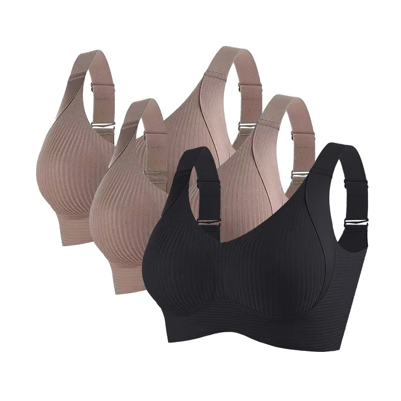 3-Pack V-Neck Ribbed Push-Up Bralette – Wire-Free Seamless Plus Size M–4XL