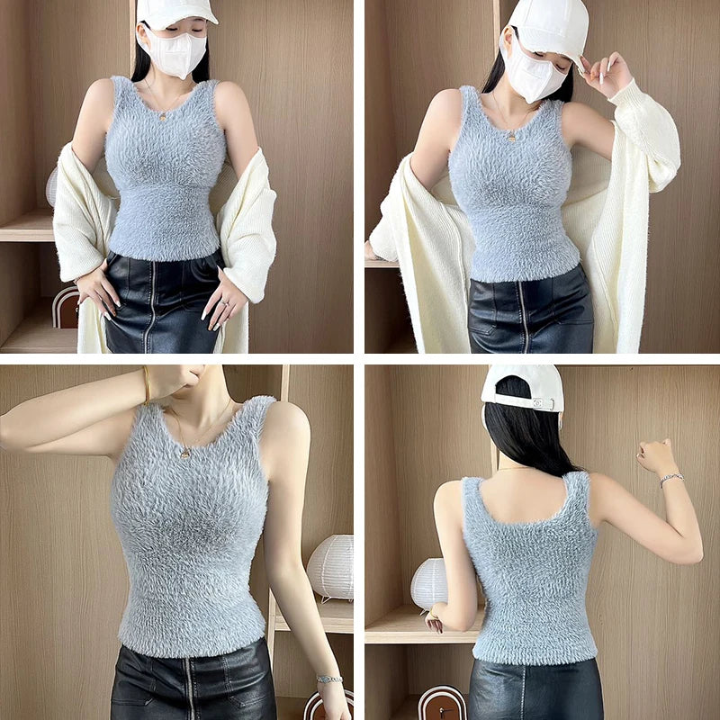 Plush Fleece Thermal Camisole – Built-In Bra Pad Warm Wool Tank Top