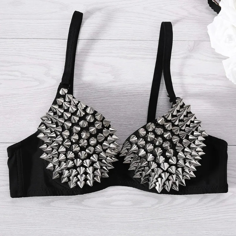 Black bra with silver studs on a white background