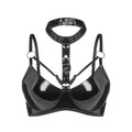 Womens Red Glossy Patent Leather Halter Bra Top Buckle Brassiere Strappy Bralette Adjustable Shoulder Straps Balconette Bustier