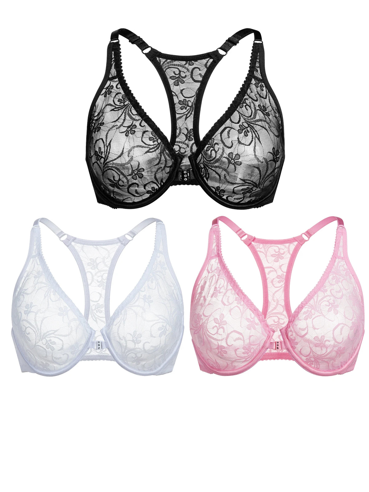 Three lace bras in black, white, and pink on a white background