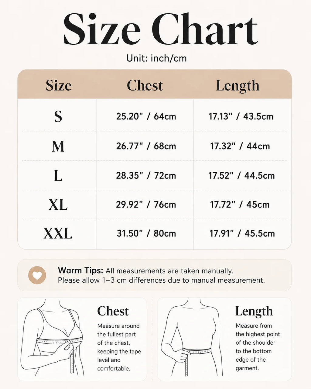 A size chart graphic showing chest and length measurements in inches and centimeters for sizes S through XXL, with warm tips and small body measurement illustrations below.