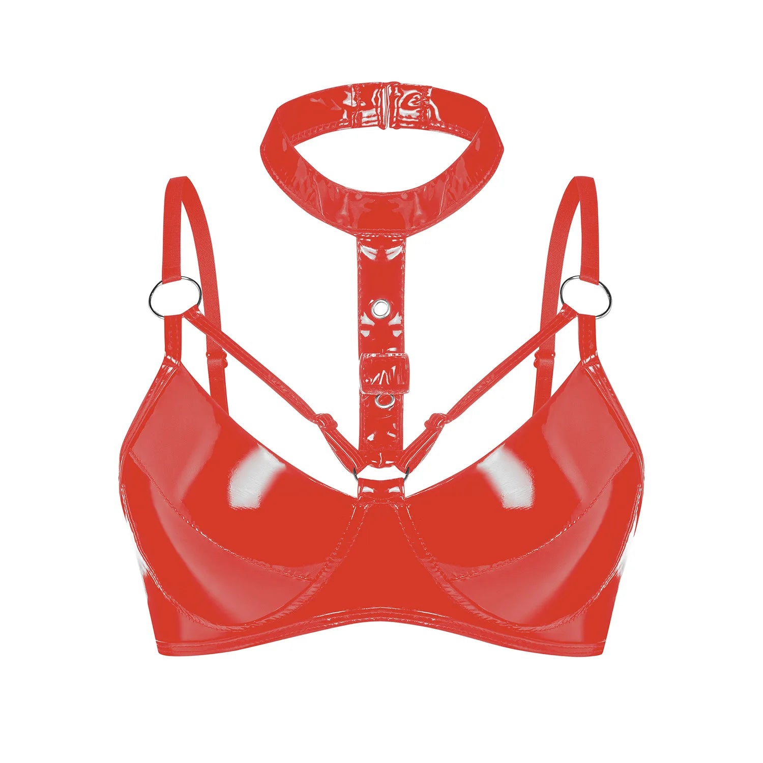 Womens Red Glossy Patent Leather Halter Bra Top Buckle Brassiere Strappy Bralette Adjustable Shoulder Straps Balconette Bustier
