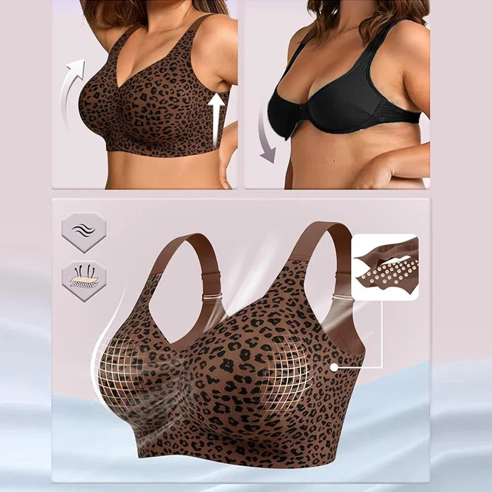 Leopard Print Jelly Seamless Push-Up Bra – Wireless Full Coverage Plus Size S–4XL