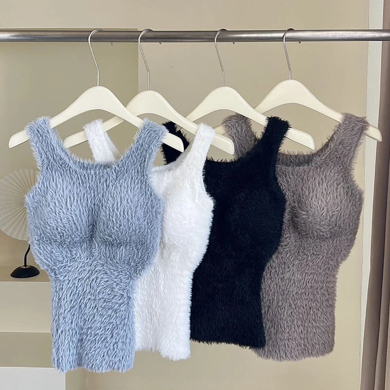 Plush Fleece Thermal Camisole – Built-In Bra Pad Warm Wool Tank Top