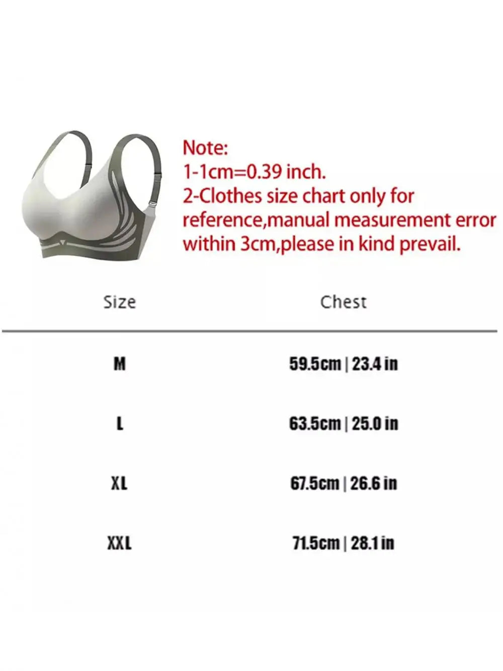 Size chart for a bra with measurements in centimeters and inches.