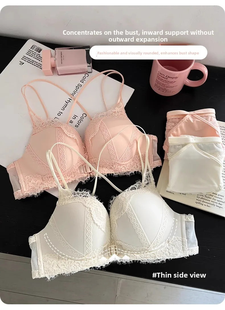 Wireless Lace Bra Set Women's Comfortable Sexy Back Design Gathered Front Clasp Underwear Nylon Material Suitable for Small B...