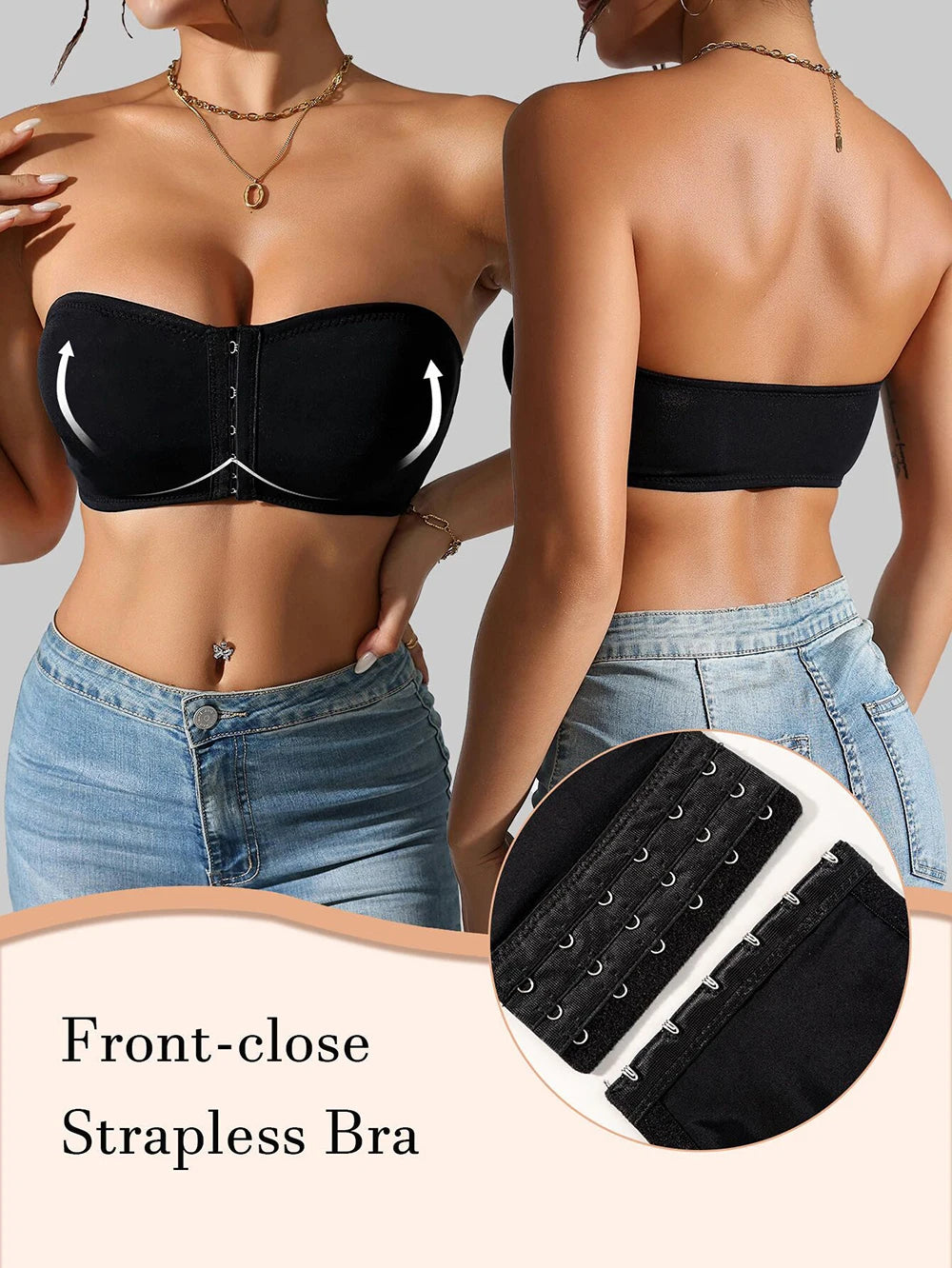 Plus Size Front Fastening Bandeau Bra – Strapless Wire-Free Padded Push-Up S–2XL