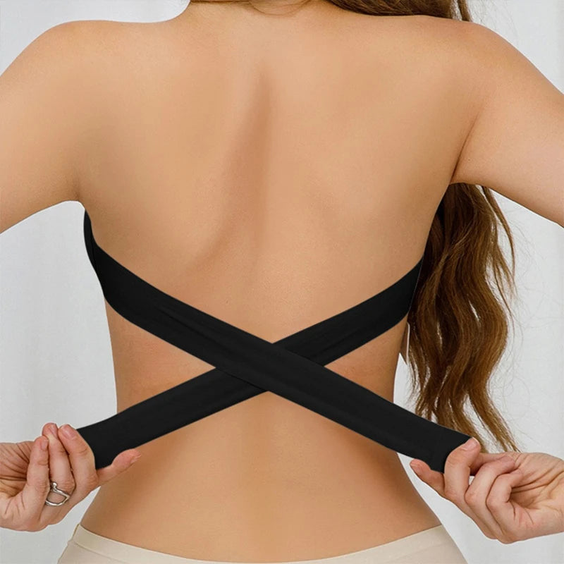 Ice Silk Traceless Strapless Bra – Wire-Free Removable Pad Cross Side Buckle