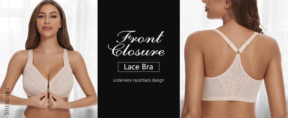 Sheroine Plus Size Lace Bra, Front Closure Full Coverage Underwire Unpadded Racerback Bra, Supportive and Comfort for Daily Wear