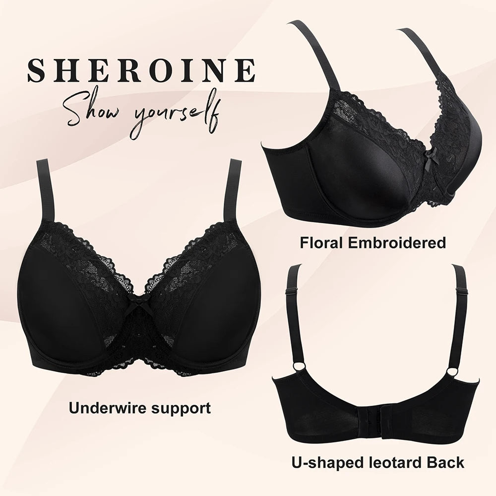 Sheroine Lace Underwire Bra, Floral Minimizer Full Coverage Non-Padded Bras for Women Everyday Comfort T-Shirt Support