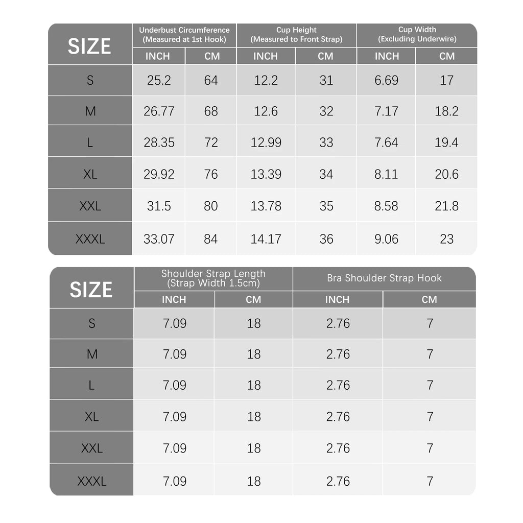 Size chart for bra measurements including circumference, height, width, shoulder strap length, and hook size.