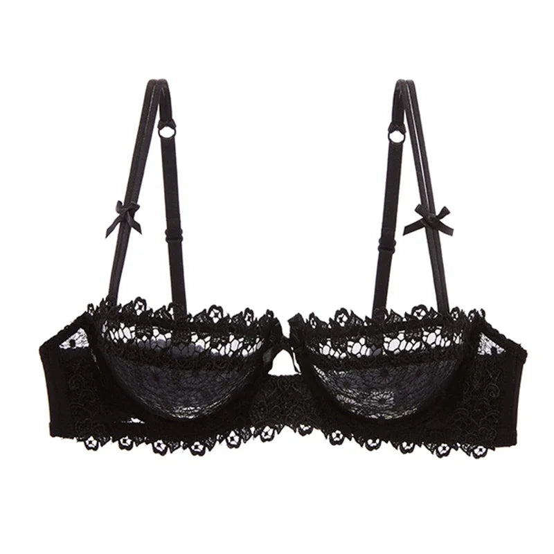 KUCLUT Plus Size Sexy Half Cup Lace Bra Sheer Mesh Unlined Bralette for Women A D Cup, Invisible Push Up Underwire Lingerie Set