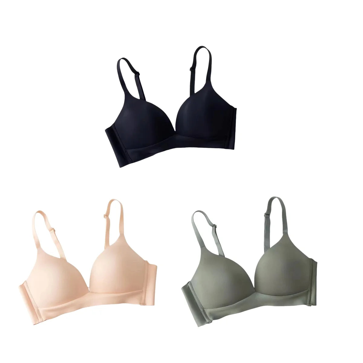 Three bras in black, beige, and green on a white background