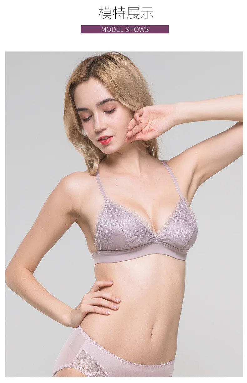 Women's Fashion Tassel Lace Triangle Bralette Wireless 3/4 Cup Mulberry Silk Soft Stretchy Lingerie Underwear