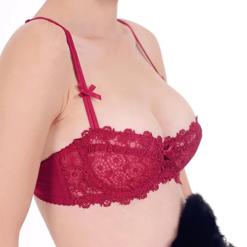 KUCLUT Plus Size Sexy Half Cup Lace Bra Sheer Mesh Unlined Bralette for Women A D Cup, Invisible Push Up Underwire Lingerie Set