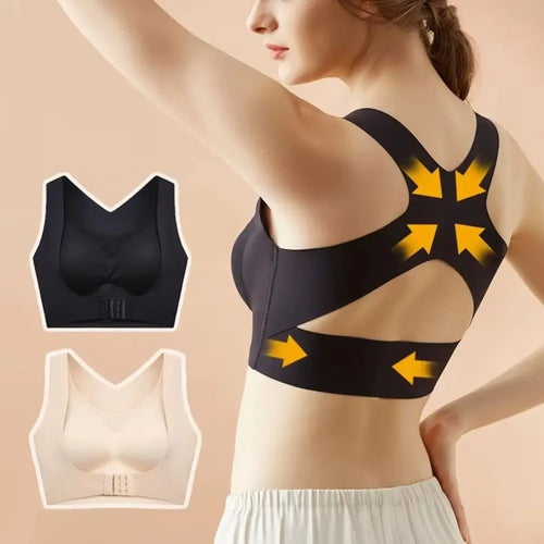 Woman wearing a black sports bra with yellow arrows, with inset images of a black and white bra on a beige background.