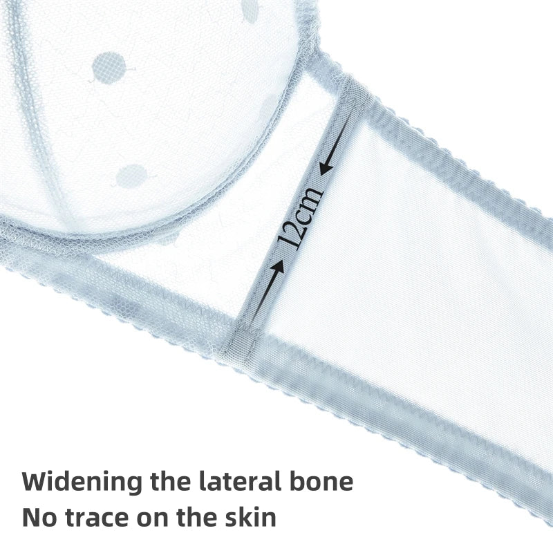 Close-up of a light blue sheer mesh garment with a scalloped trim, showing a 12 cm measurement annotation and text stating 'Widening the lateral bone No trace on the skin' on a white background.