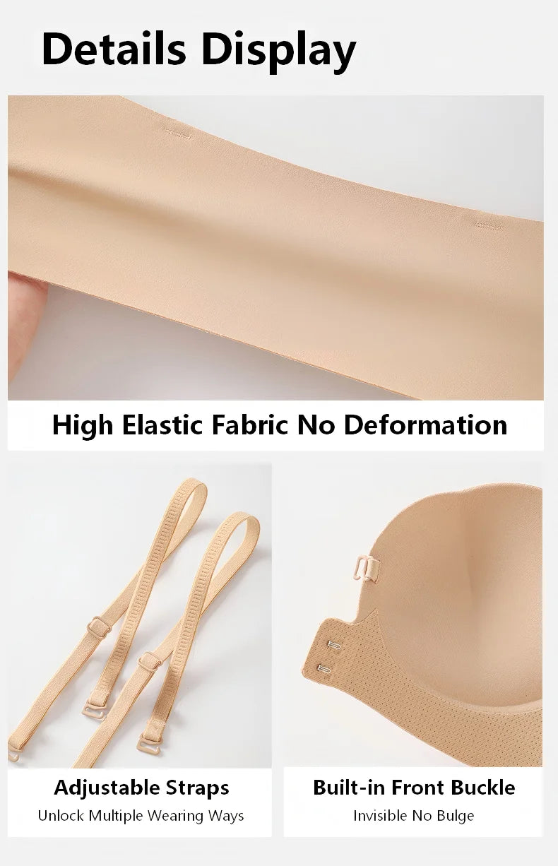 Wireless Strapless Bra Women Double Front Buckle 6Point AntiSlip 3Level 3D Molded Petal Deep V Seamless Multiway Pushup Bra 1PC
