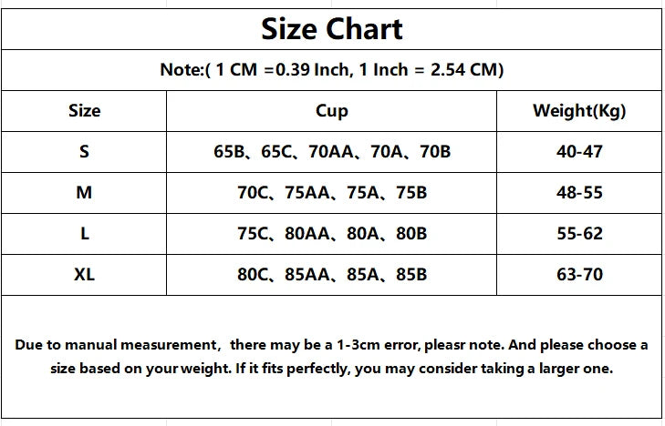 A size chart table with columns for Size (S, M, L, XL), Cup, and Weight(Kg), plus a note converting centimeters to inches and a disclaimer about manual measurement error.