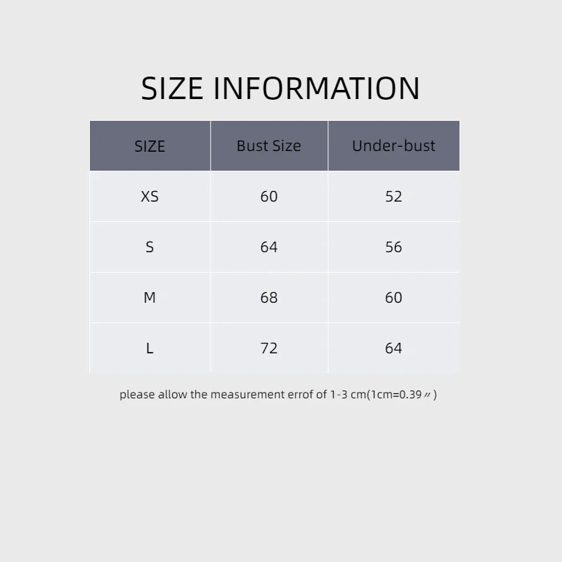 Size information chart for bust and under-bust measurements on a gray background