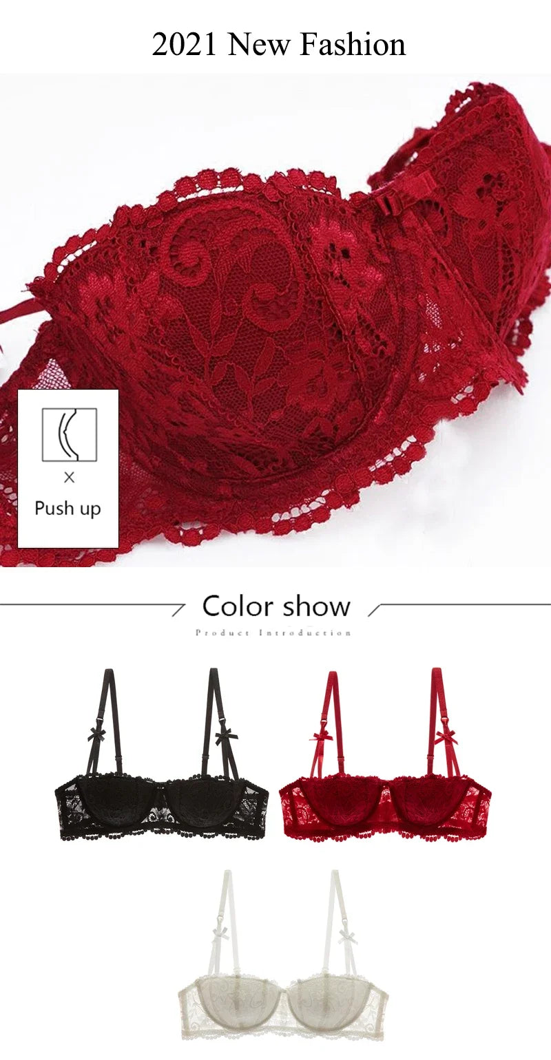 KUCLUT Plus Size Half Cup Balconette Bra - Cotton Sexy Push Up Lingerie for Women, Wire-Free Thin Comfort Bra Set