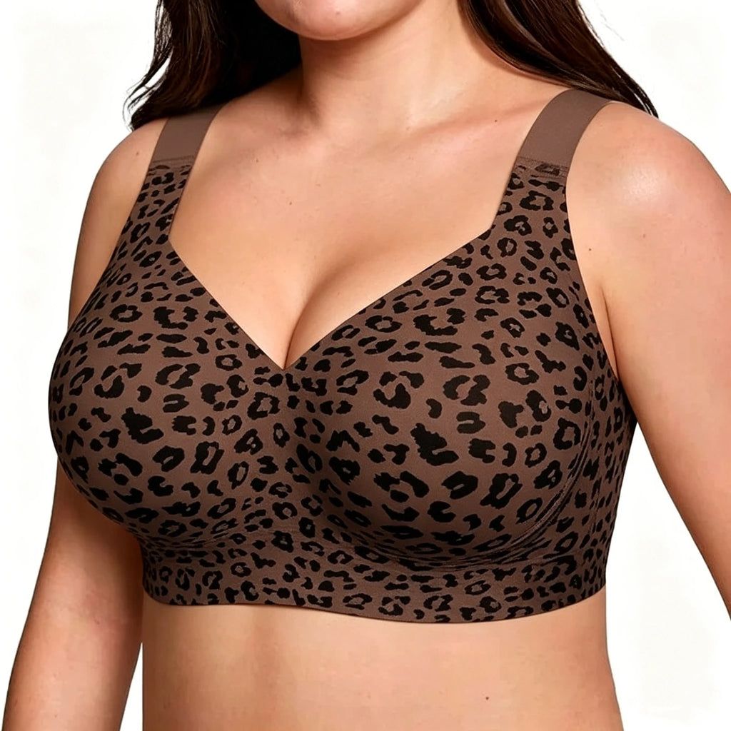 Leopard print bralette worn by a model on a white background