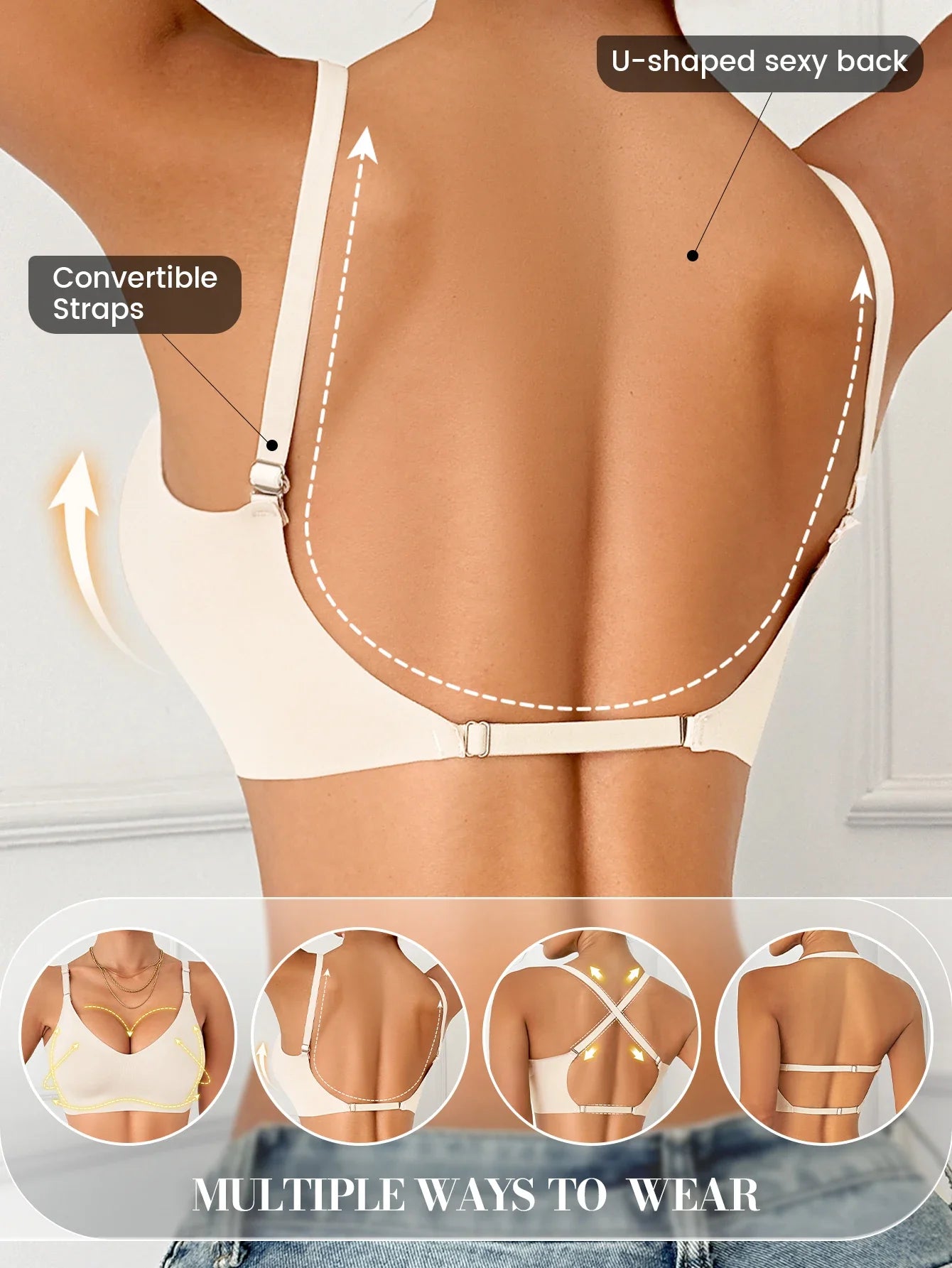 Seamless Deep U Plunge Bra – Wire-Free Backless (5 Colours)