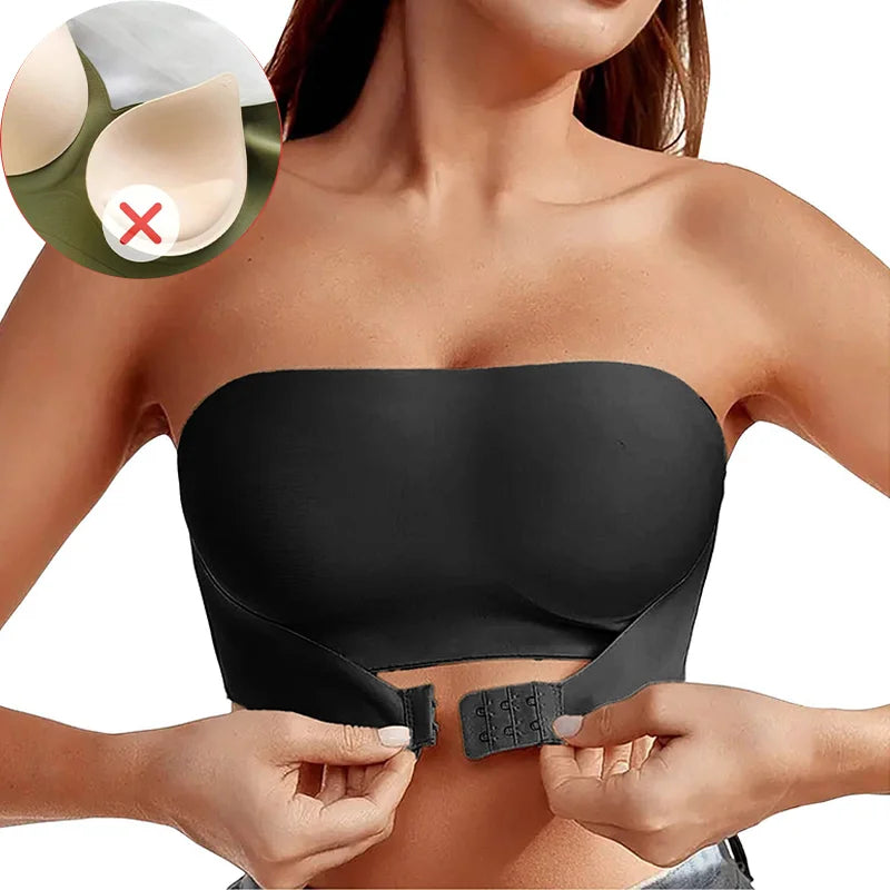 Black strapless bra with adjustable straps being worn by a person, with a close-up of the bra's design on a white background.