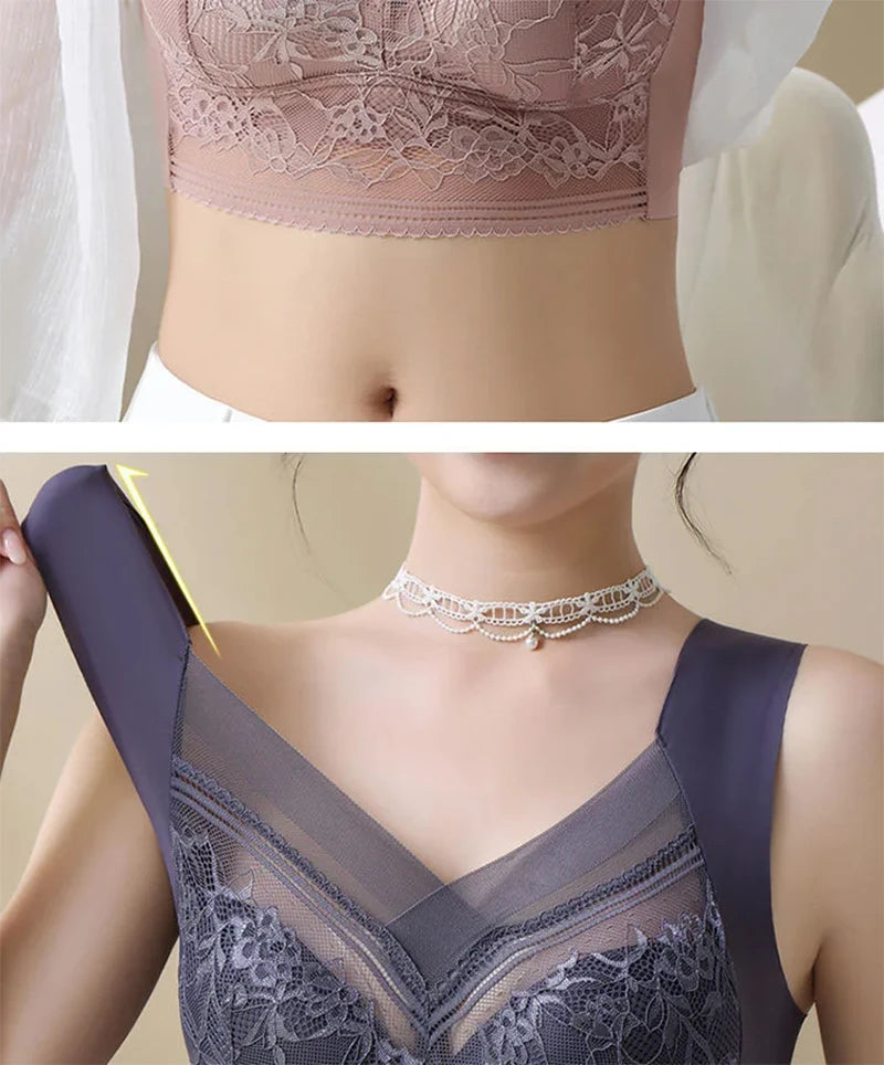 Plus Size Ice Silk Seamless Bra – Lace Wireless Push-Up Full Cup