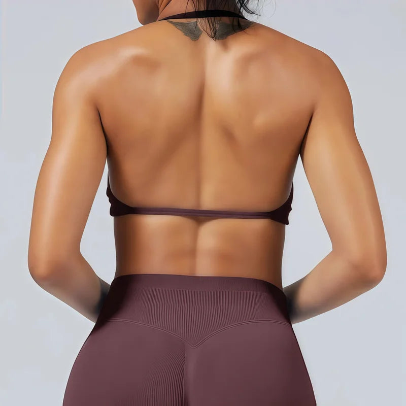 HISTELLO Strappy Sports Bra – High Support Scrunch Push-Up Halter