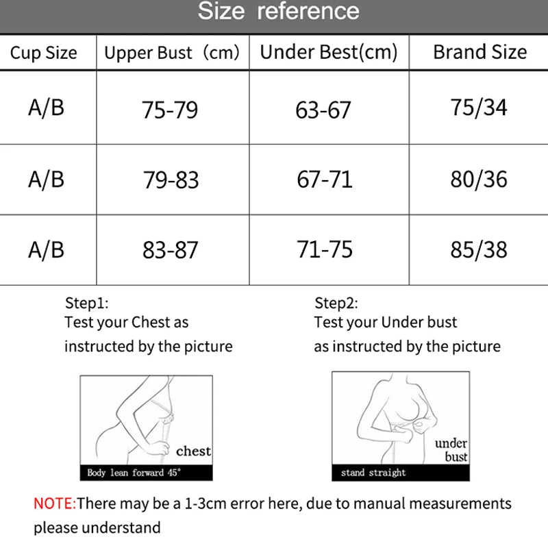 Size reference chart for bra cups with measurements and brand size conversions.