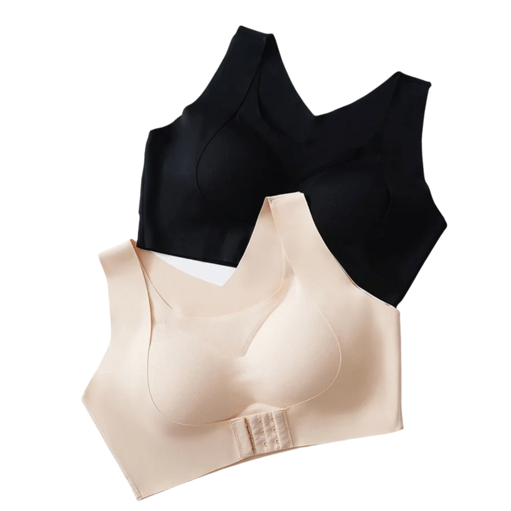 Two wireless bralettes shown on a plain white background, one in black and one in light nude beige, arranged overlapping with the beige bralette in front.