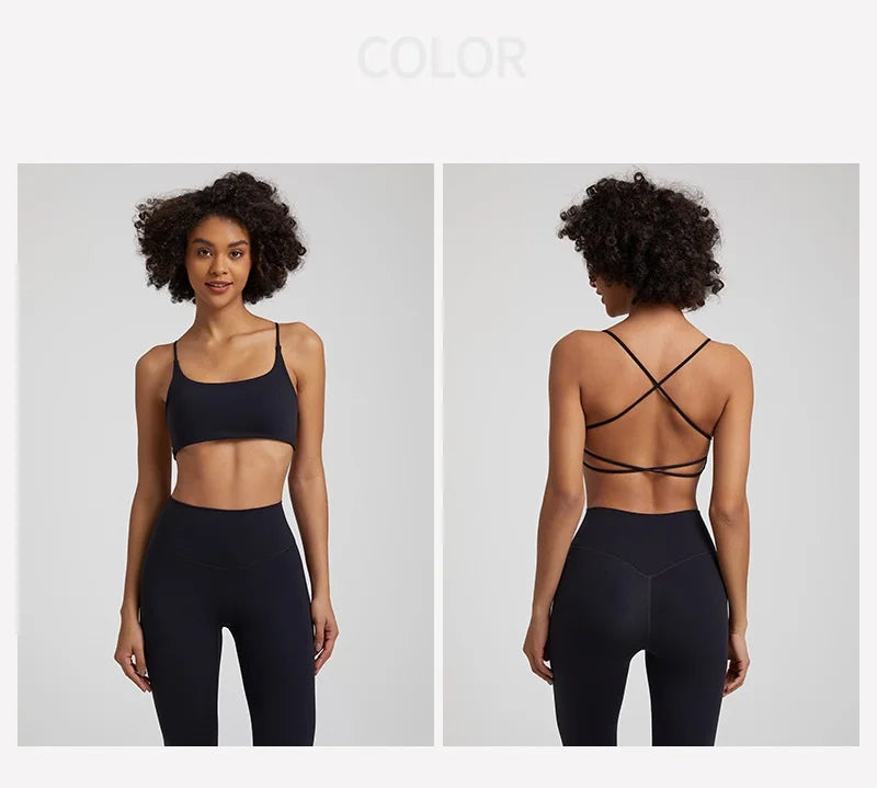 Cross Back Hollow Yoga Sports Bra – Push-Up Chest Pad Fitness Gym Top