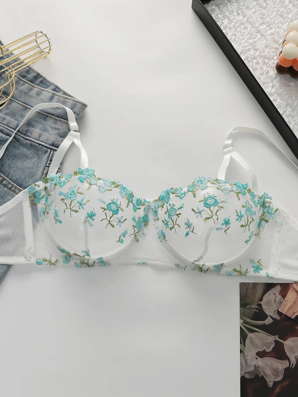 French Floral Embroidery Mesh Balconette Bra Women Underwire Thin Adjustable Straps See Through Breathable Summer Sexy Lingerie