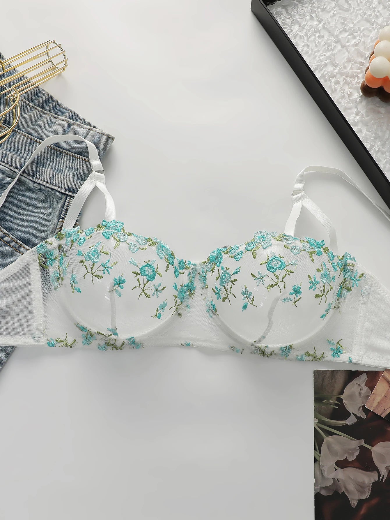 French Floral Embroidery Mesh Balconette Bra Women Underwire Thin Adjustable Straps See Through Breathable Summer Sexy Lingerie
