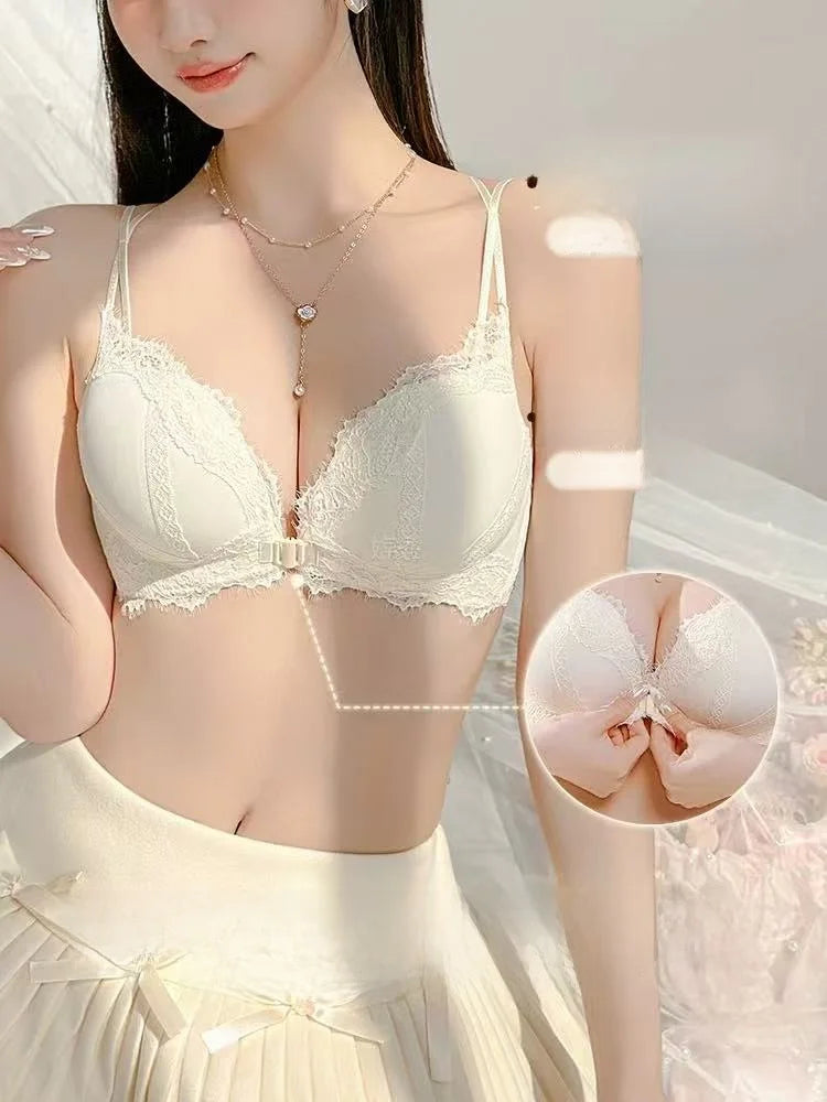 Wireless Lace Bra Set Women's Comfortable Sexy Back Design Gathered Front Clasp Underwear Nylon Material Suitable for Small B...