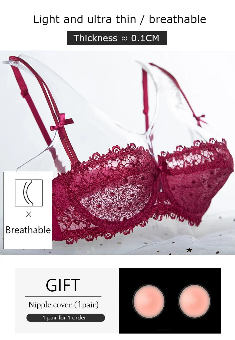 KUCLUT Plus Size Sexy Half Cup Lace Bra Sheer Mesh Unlined Bralette for Women A D Cup, Invisible Push Up Underwire Lingerie Set