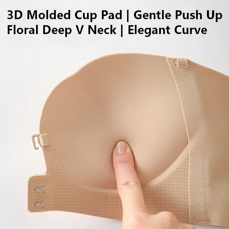 Wireless Strapless Bra Women Double Front Buckle 6Point AntiSlip 3Level 3D Molded Petal Deep V Seamless Multiway Pushup Bra 1PC