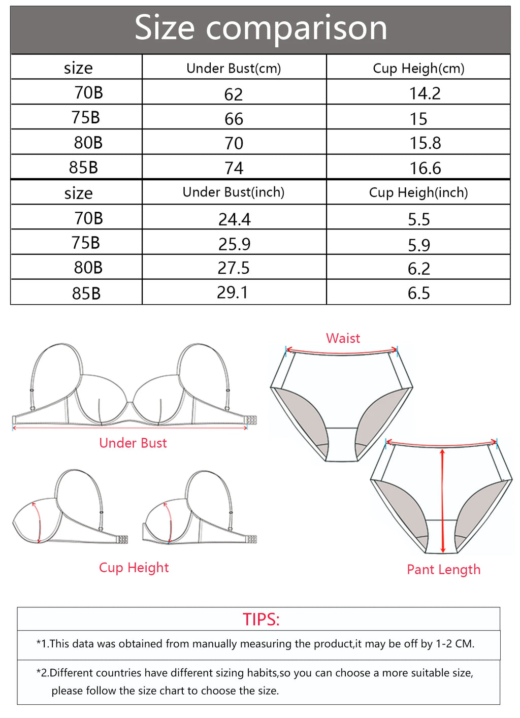 A size comparison chart for women's underwear showing a size table with measurements in centimeters and inches, plus line drawings of bra and panty views labeled under bust, cup height, and waist.