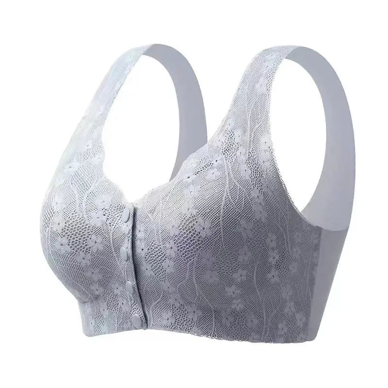 Gray lace bra on a white background