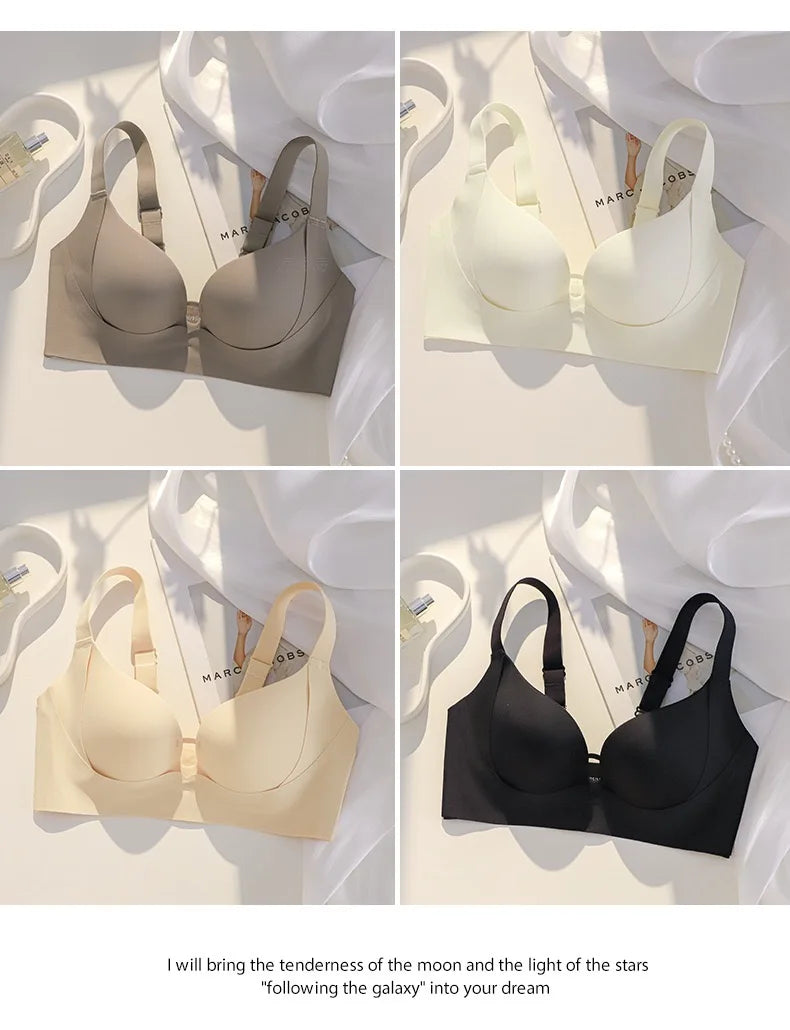 Set of four bras in different colors displayed on a white background with text.