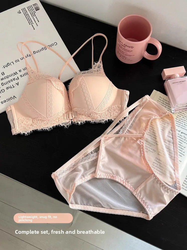 Wireless Lace Bra Set Women's Comfortable Sexy Back Design Gathered Front Clasp Underwear Nylon Material Suitable for Small B...
